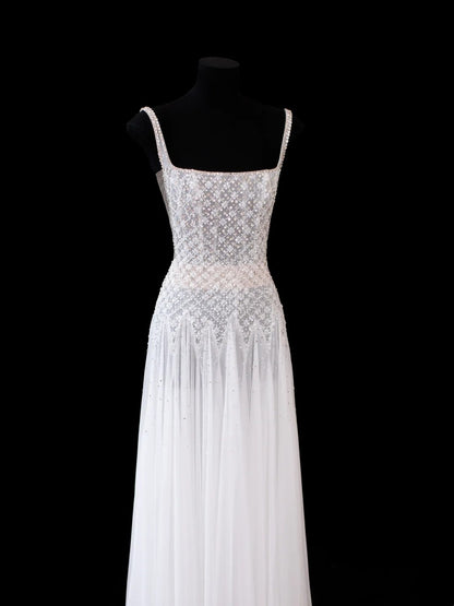 Robe de soirée longue en mousseline blanche coupe trapèze à col carré et paillettes, Robe de bal Tenues de cérémonie RB3933