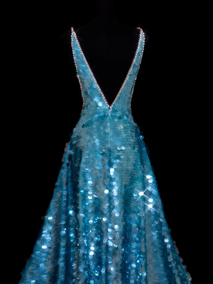 Glitzerndes A-Linien-Abendkleid mit V-Ausschnitt in Blau mit Pailletten, lange Ballkleider, formelle Outfits RB3934