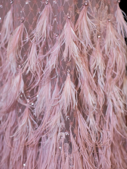 Robe de soirée longue sirène chic en dentelle rose à col montant et applications de plumes, inspiration robe de bal N149