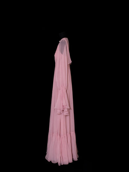 Robe de bal longue rose en mousseline plissée à volants, coupe trapèze, col V, style chic, inspiration robe de soirée formelle N148