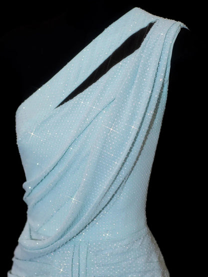 Glitzerndes, schulterfreies, langes Paillettenkleid in Hellblau – perfekt für Partys, Abschlussbälle und Hochzeiten (Modell N908)