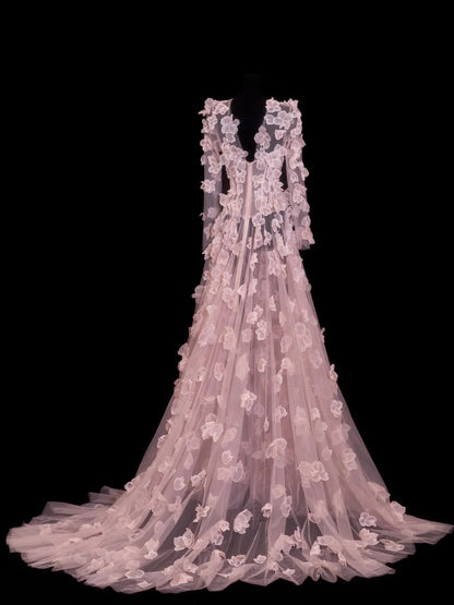 Elegante Ballkleider A-Linie Scoop Pink mit langen Ärmeln Blumen Formelle Abendgarderobe N3790
