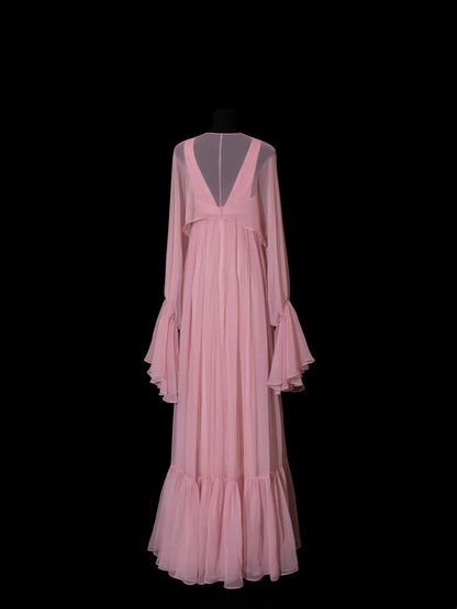 Robe de bal longue rose en mousseline plissée à volants, coupe trapèze, col V, style chic, inspiration robe de soirée formelle N148