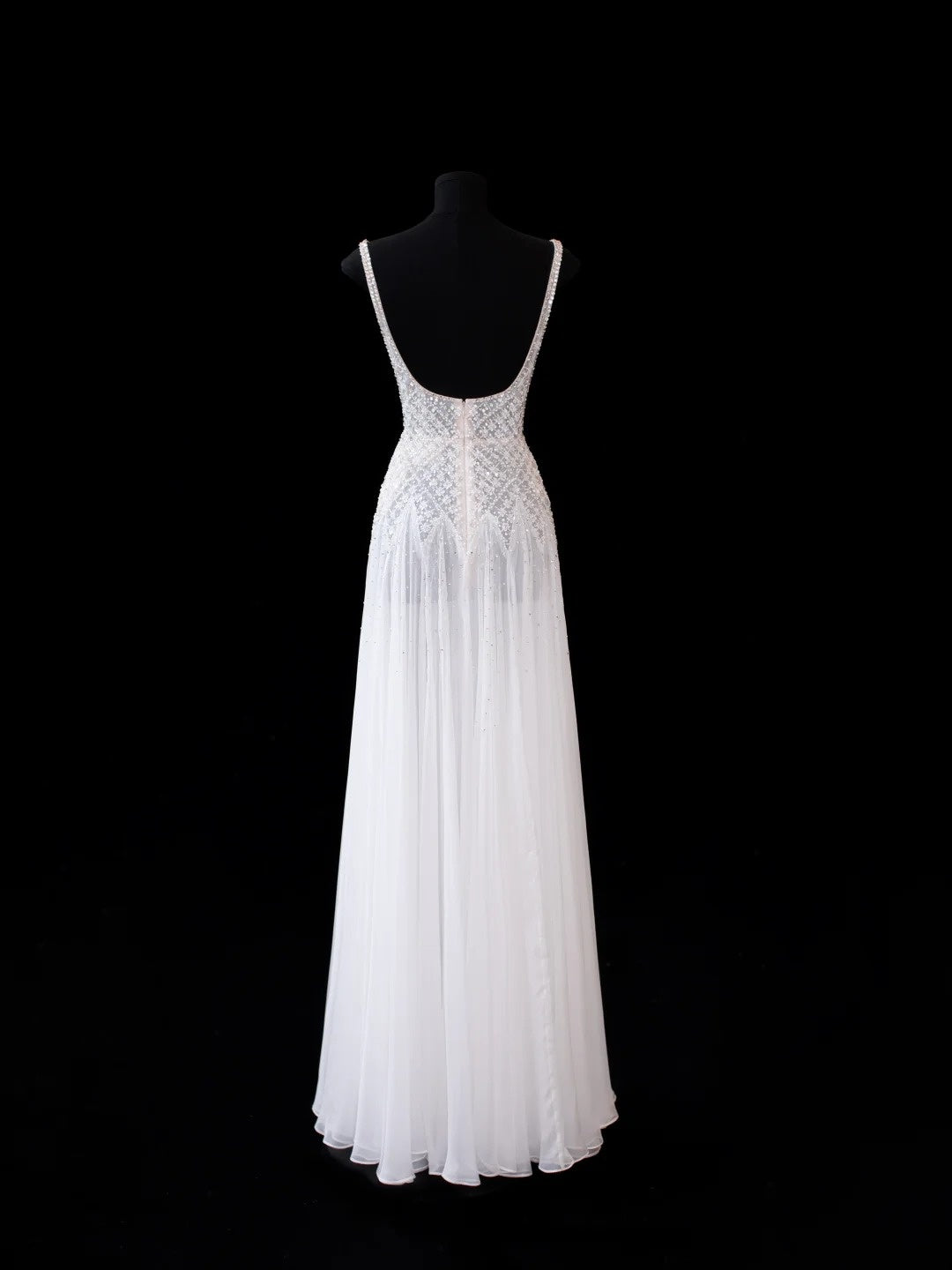 Robe de soirée longue en mousseline blanche coupe trapèze à col carré et paillettes, Robe de bal Tenues de cérémonie RB3933