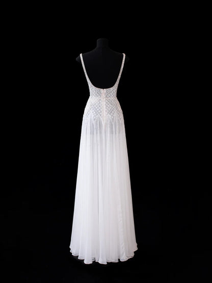 Robe de soirée longue en mousseline blanche coupe trapèze à col carré et paillettes, Robe de bal Tenues de cérémonie RB3933