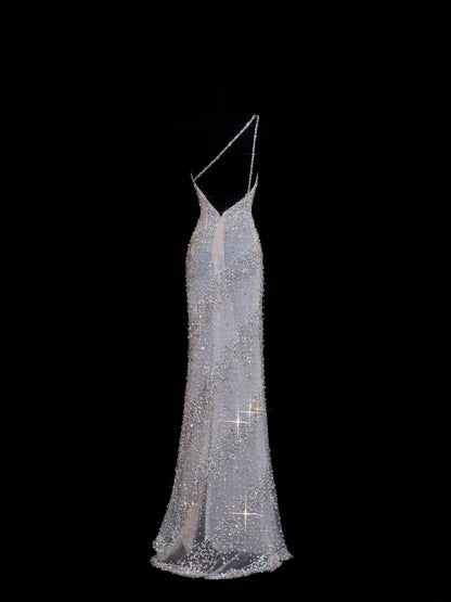 Robe de bal longue blanche à paillettes scintillantes, asymétrique, fourreau, inspiration robe de soirée formelle N146