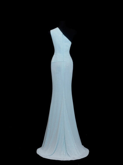 Glitzerndes, schulterfreies, langes Paillettenkleid in Hellblau – perfekt für Partys, Abschlussbälle und Hochzeiten (Modell N908)