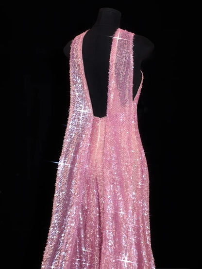 Robe de bal longue rose à paillettes, coupe trapèze, dos nu, inspiration robe de soirée formelle N147