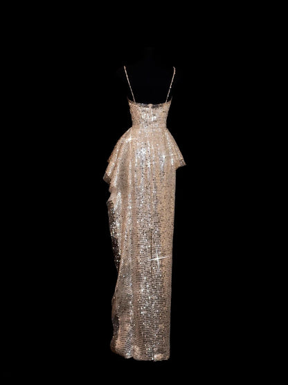 Robe de bal longue sirène à sequins scintillants et bretelles spaghetti couleur champagne - Inspiration robe de soirée formelle N144