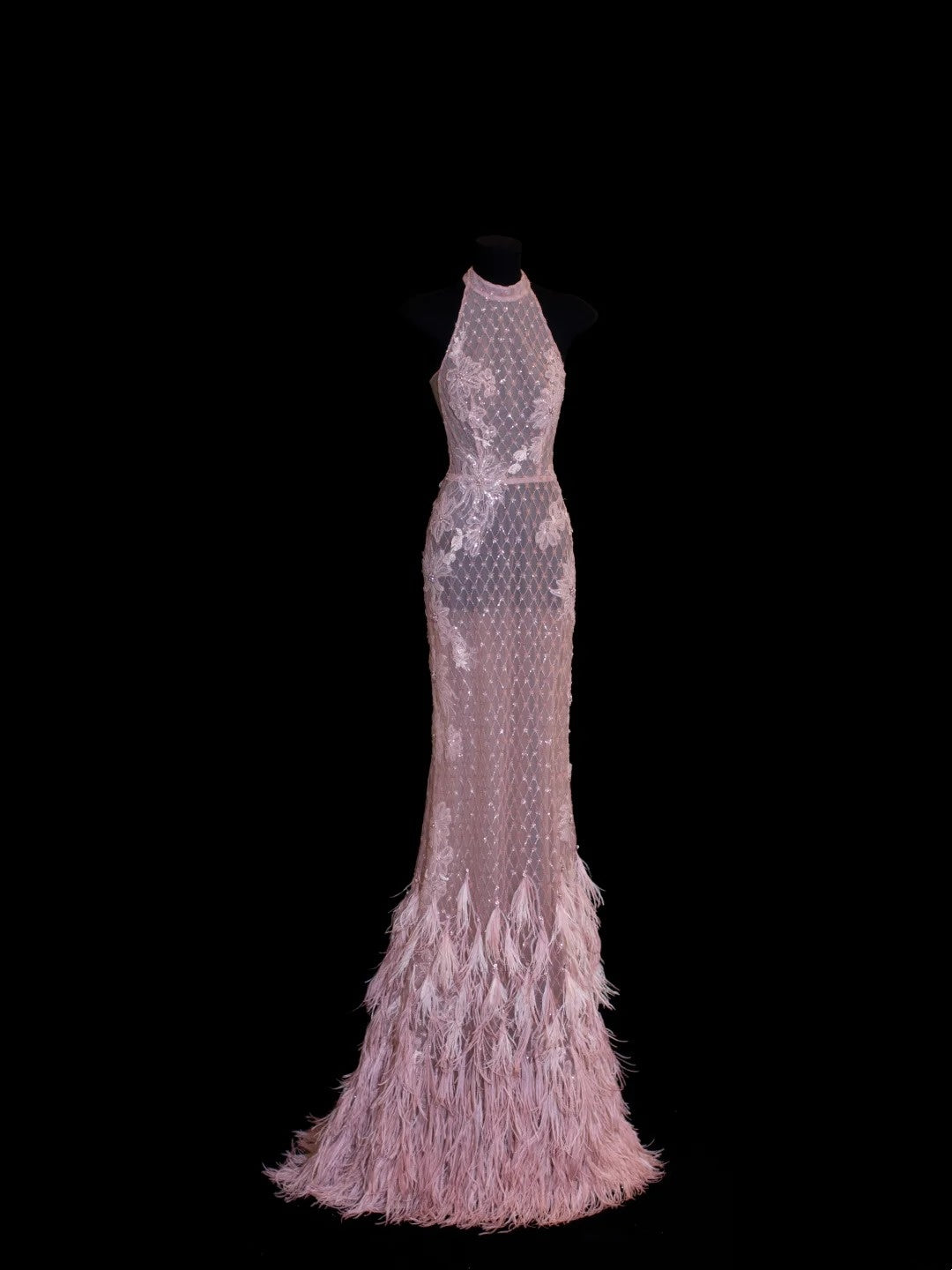 Robe de soirée longue sirène chic en dentelle rose à col montant et applications de plumes, inspiration robe de bal N149