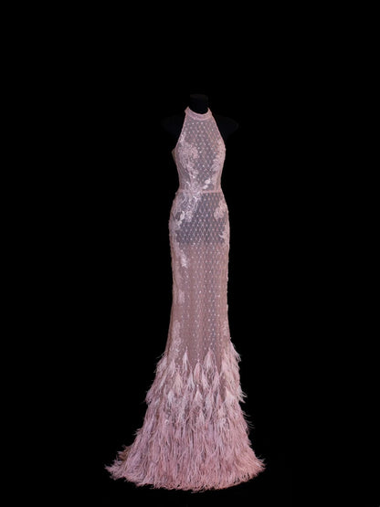 Robe de soirée longue sirène chic en dentelle rose à col montant et applications de plumes, inspiration robe de bal N149