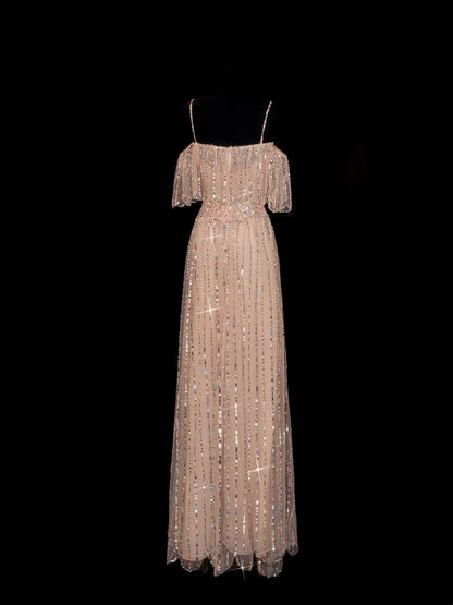 Robe de bal longue champagne à paillettes scintillantes, coupe trapèze, bretelles spaghetti, inspiration robe de soirée formelle N145