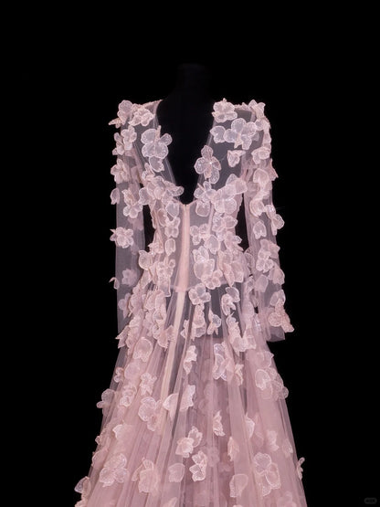 Elegante Ballkleider A-Linie Scoop Pink mit langen Ärmeln Blumen Formelle Abendgarderobe N3790