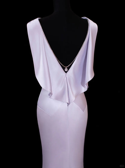 Vintage Prom Dresses 70s Mermaid Scoop Lilac Satin Sleeveless Evening Formal Outfits RB4323