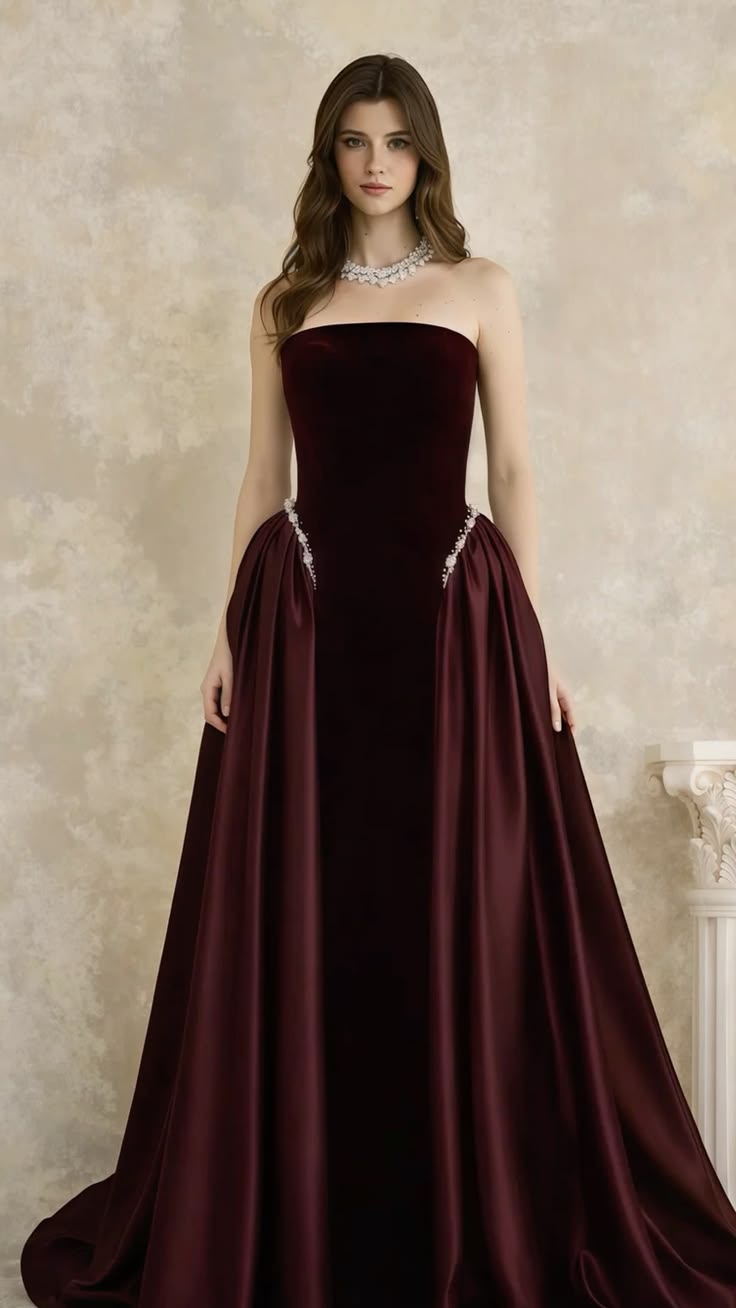 Burgundy Prom Dresses Inspiration Ball Gown Strapless Velvet Evening Gown Long Gala Formal Dress RC1490