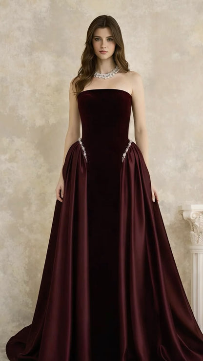 Burgundy Prom Dresses Inspiration Ball Gown Strapless Velvet Evening Gown Long Gala Formal Dress RC1490