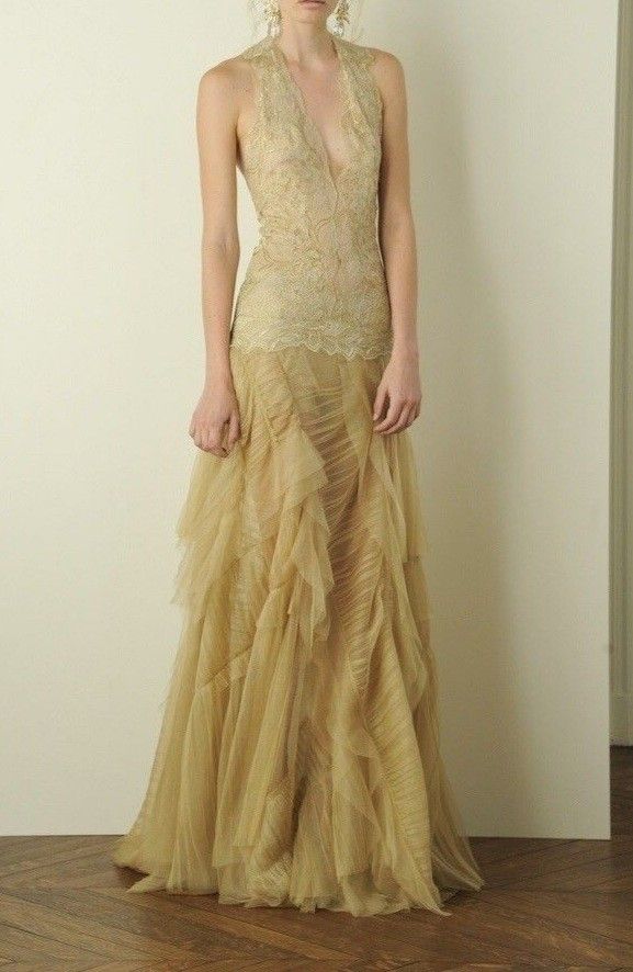 Wunderschönes Meerjungfrauen-Halterkleid aus goldener Spitze und Tüll, langes ärmelloses Abschlussballkleid N1640