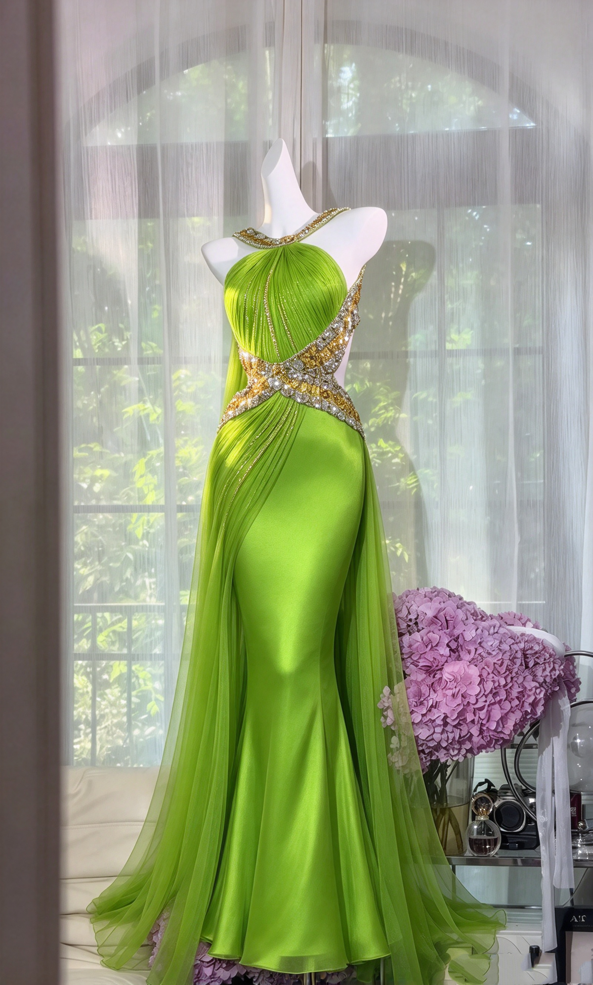 Modest Prom Dresses Mermaid Halter Green Satin Tulle Long With Beading Formal Dress RC1285