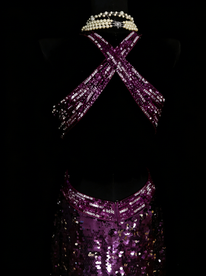 Vintage Prom Dresses Aesthetic 1960s Retro Grape Sequins Backless Mermaid Long Party Dress N2136
