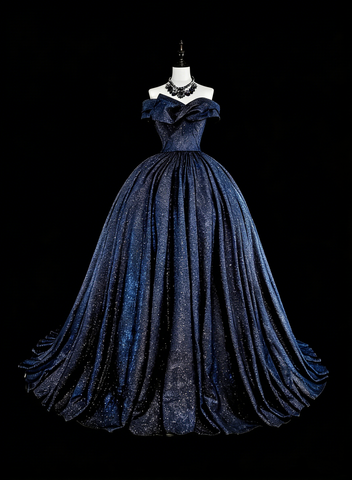 Robe de bal vintage années 1780, épaules dénudées, tulle bleu marine à manches longues, N1608