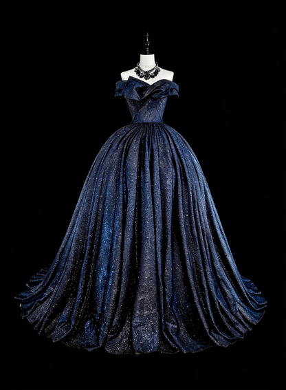 Robe de bal vintage années 1780, épaules dénudées, tulle bleu marine à manches longues, N1608