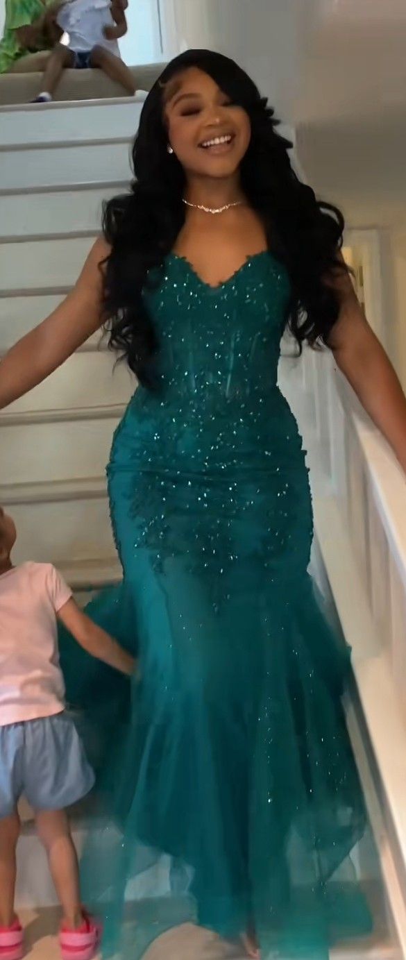 Dunkelgrünes Meerjungfrauen-Abendkleid aus Tüll und Spitze, Winterkleid, halbformelles langes Abschlussballkleid für Teenager AB1994