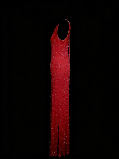 Robe fourreau rouge à sequins, col rond, style modeste, idéale pour une soirée formelle ou une remise de diplômes (N1155)