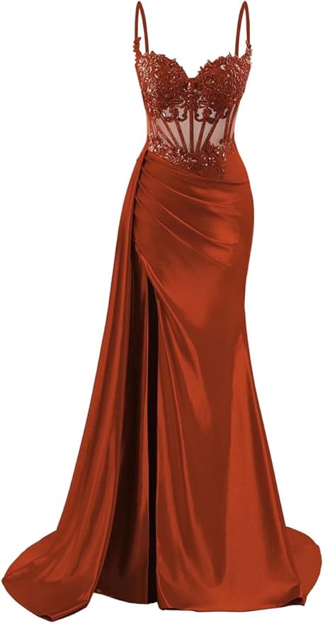 Spaghettiträger-Abendkleid aus Satin, langes Meerjungfrauen-Abendkleid aus Spitze, formelles Korsettkleid mit Schlitz AB683
