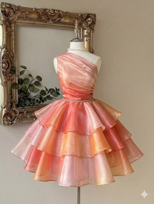 Süßes Ballkleid, eine Schulter, Ombre-Farbverlauf, Mini, kurz, Satin, Kleider zum 18. Geburtstag, Heimkehr-Outfits N2425