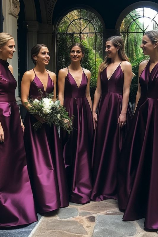 Schlichtes, langes Brautjungfernkleid in A-Linie mit Spaghettiträgern aus weinrotem Satin AB994