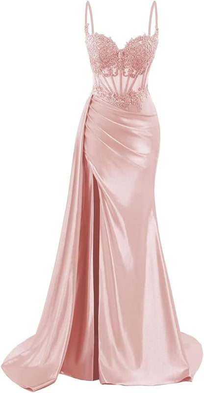 Spaghettiträger-Abendkleid aus Satin, langes Meerjungfrauen-Abendkleid aus Spitze, formelles Korsettkleid mit Schlitz AB683