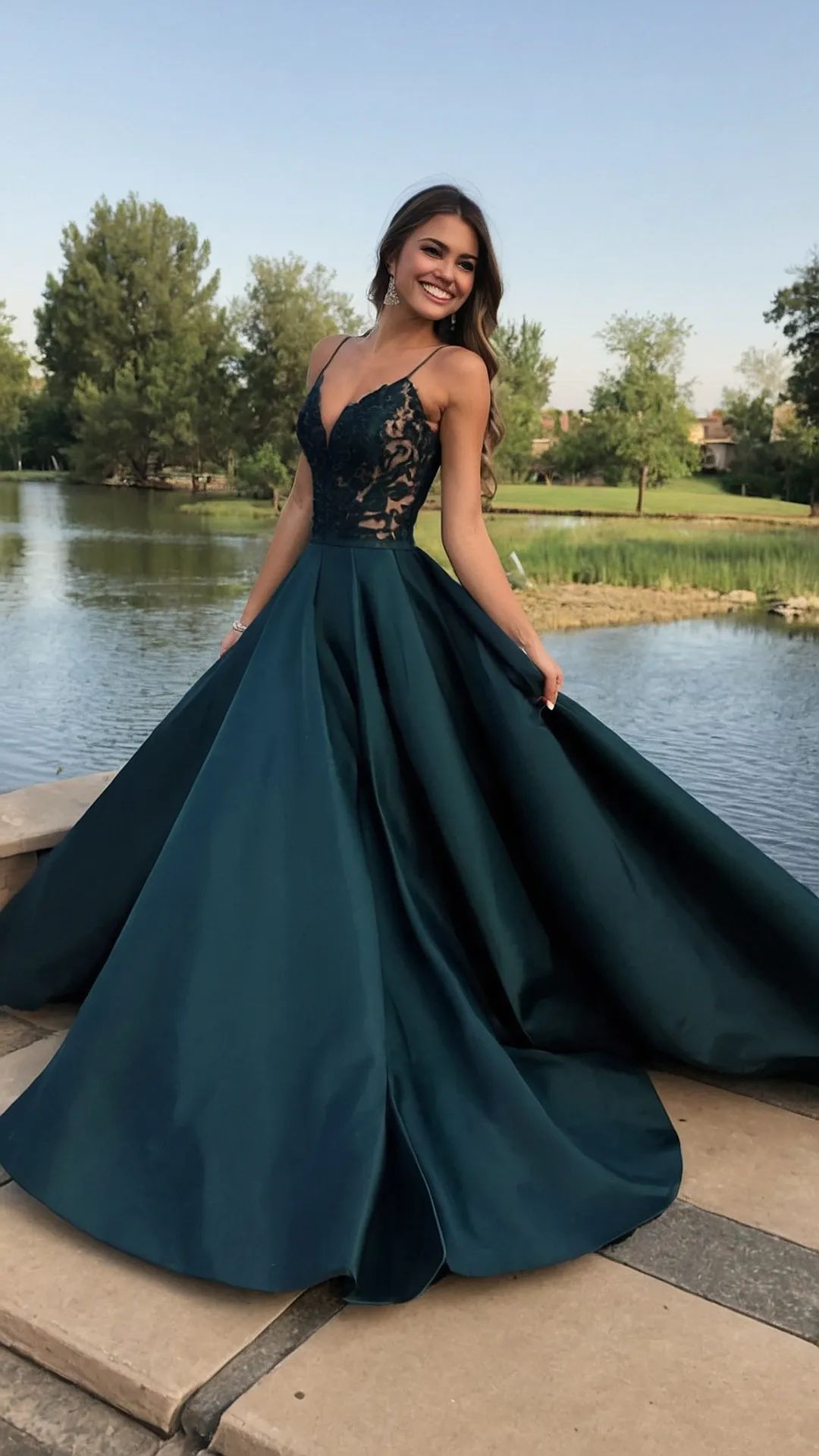 Modest long A line spaghetti straps dark green satin prom dress Formal Party Gown AB476
