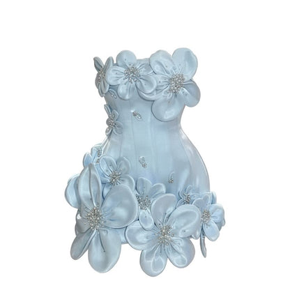 Fourreau modeste bustier bleu ciel avec fleurs mini inspiration senior tenues courtes d'anniversaire pour le 17e bal de promo robes de retour au bercail RB3196