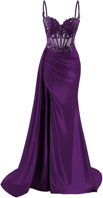 Spaghettiträger-Abendkleid aus Satin, langes Meerjungfrauen-Abendkleid aus Spitze, formelles Korsettkleid mit Schlitz AB683