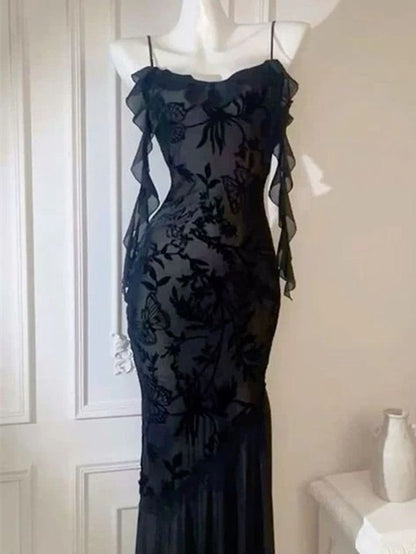 Chic Mermaid Spaghetti Straps Black Chiffon Long Prom Dresses Inspiration Party Dress Prom Gowns DH3027