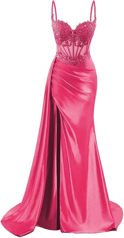 Spaghettiträger-Abendkleid aus Satin, langes Meerjungfrauen-Abendkleid aus Spitze, formelles Korsettkleid mit Schlitz AB683