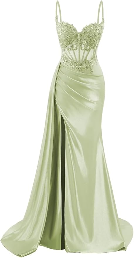 Spaghettiträger-Abendkleid aus Satin, langes Meerjungfrauen-Abendkleid aus Spitze, formelles Korsettkleid mit Schlitz AB683