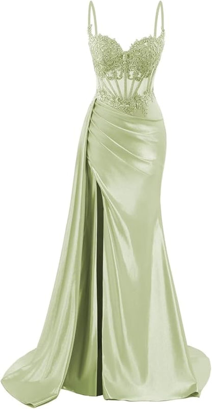 Spaghettiträger-Abendkleid aus Satin, langes Meerjungfrauen-Abendkleid aus Spitze, formelles Korsettkleid mit Schlitz AB683