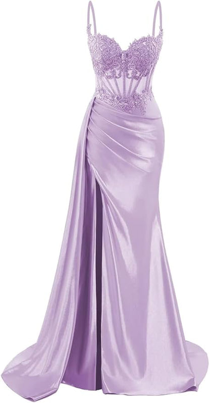 Spaghettiträger-Abendkleid aus Satin, langes Meerjungfrauen-Abendkleid aus Spitze, formelles Korsettkleid mit Schlitz AB683
