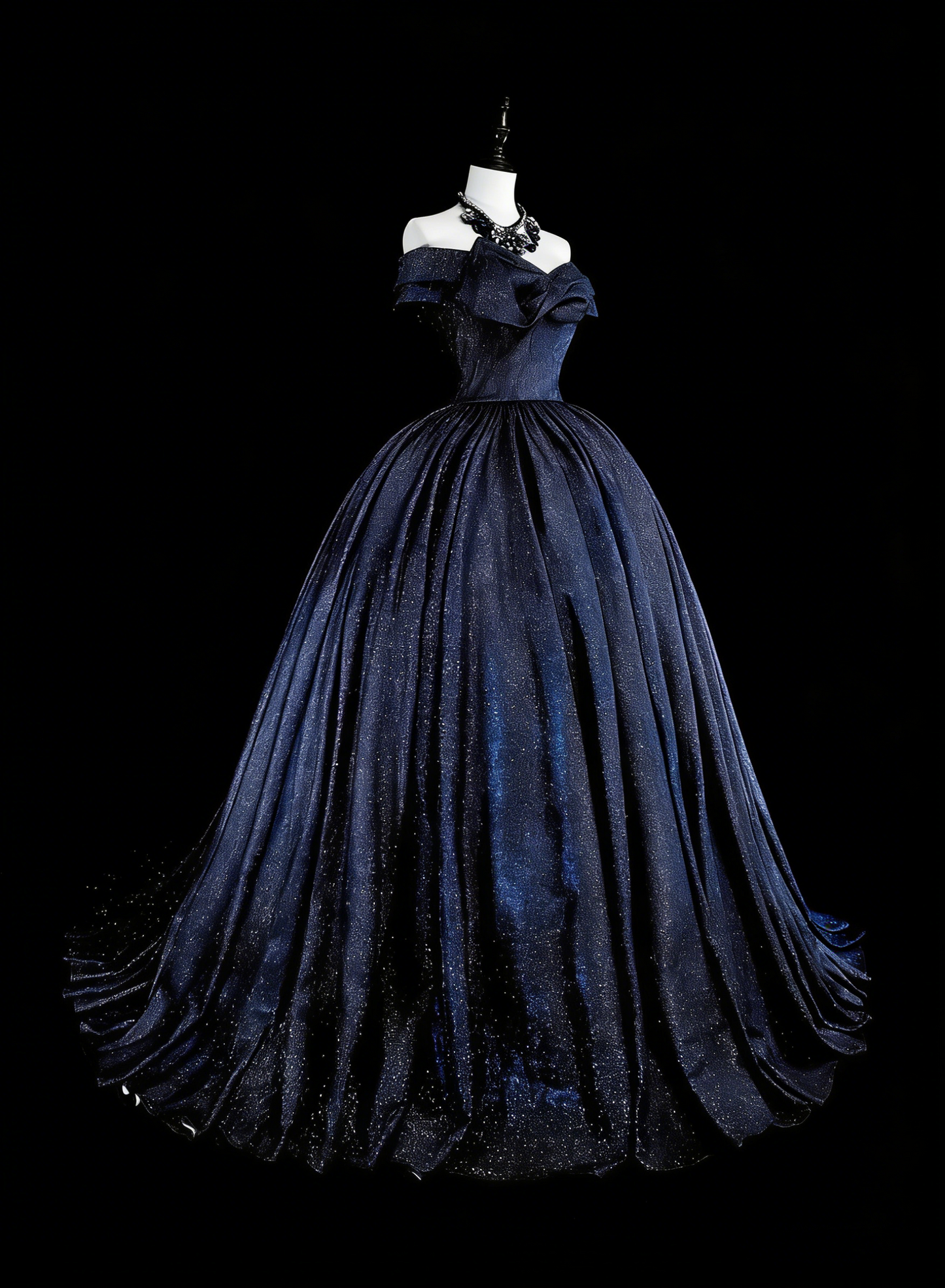 Robe de bal vintage années 1780, épaules dénudées, tulle bleu marine à manches longues, N1608