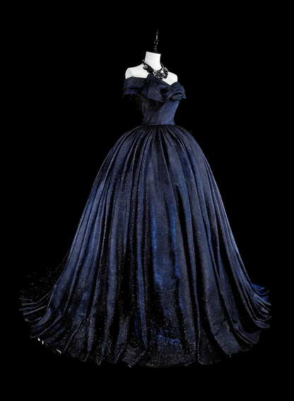 Robe de bal vintage années 1780, épaules dénudées, tulle bleu marine à manches longues, N1608