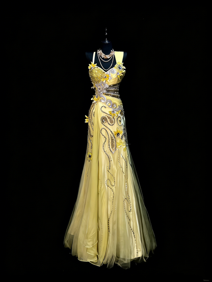 Robe de bal longue en mousseline jaune, bustier cœur, style sirène, ornée de perles, idéale pour les jeunes filles (N1191).