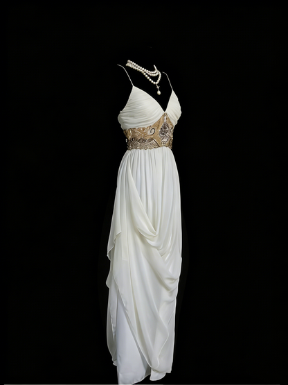 Robe de bal de fin d'année chic en mousseline blanche à bretelles spaghetti et perles, coupe trapèze, idéale pour le lycée (N1249)