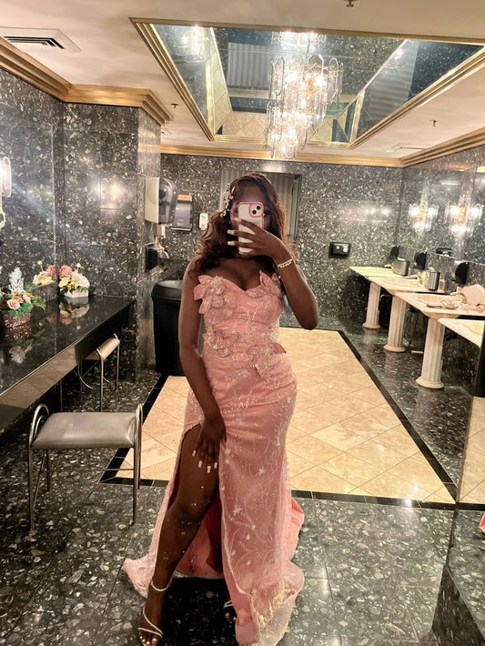 Flamboyant Mermaid Sweetheart Pink With Flowers Sleeveless Long Prom Dresses Split Long Formal Dress RB3836