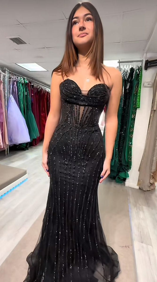 Flamboyant Mermaid Sweetheart Black With Beads Sleeveless Long Prom Dresses Long Formal Dress RB3837