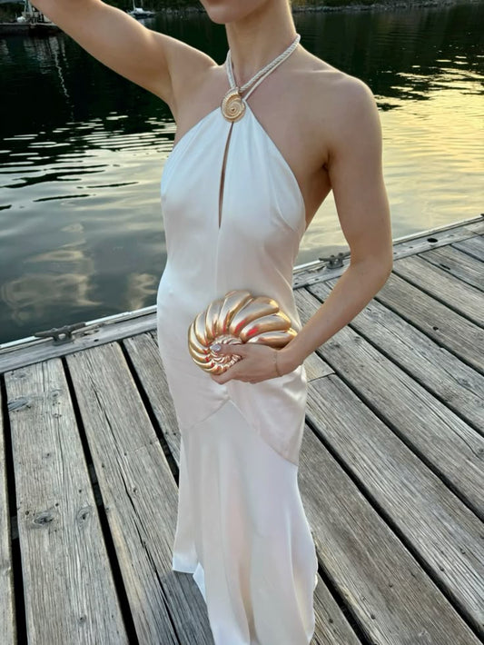 Bescheidenes Meerjungfrauen-Neckholder-Hochzeitsgastkleid, formelles Frühlingskleid, lange Ballkleider N2684
