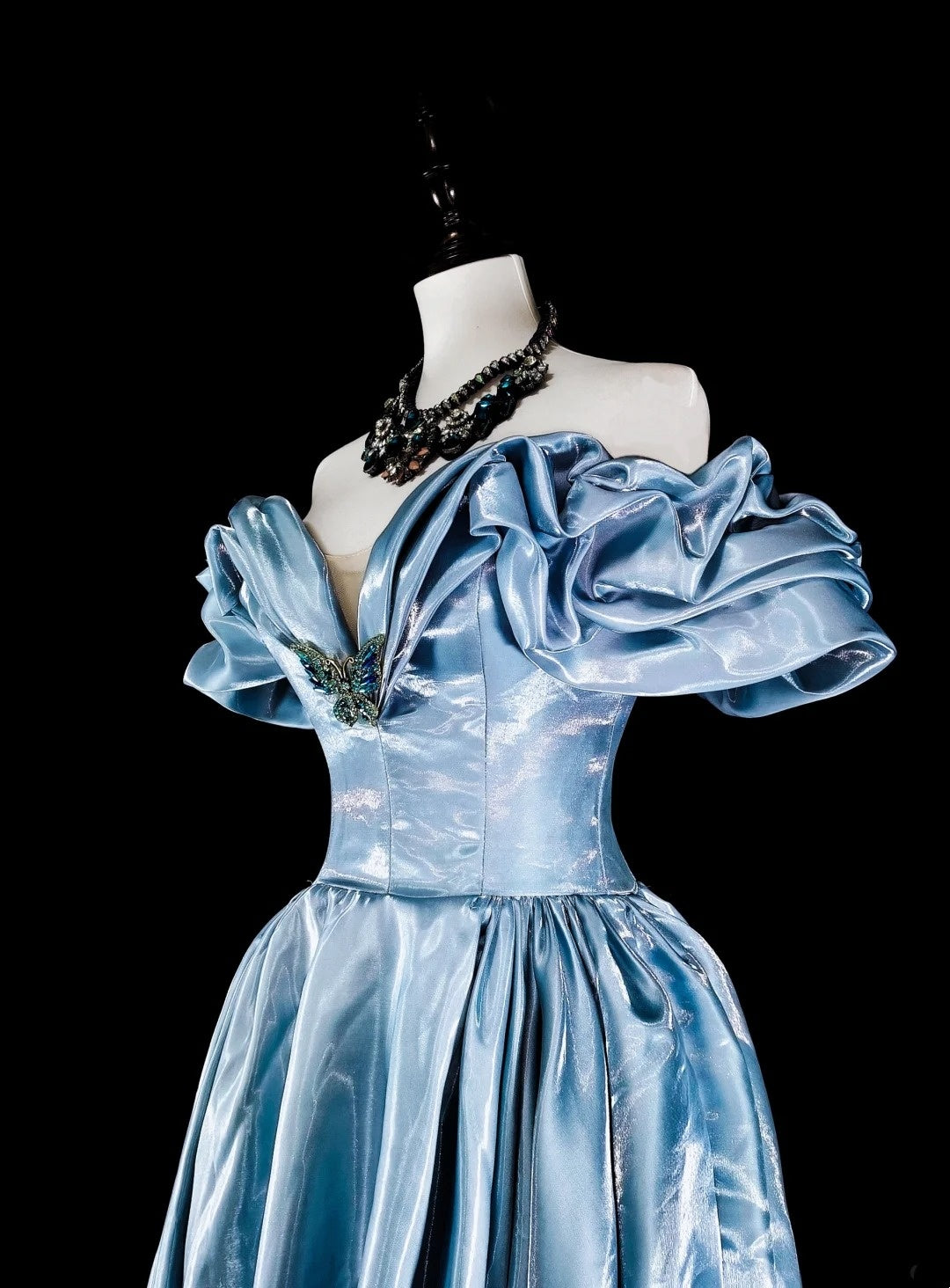 Verträumte Abschlussballkleider Ästhetik 80er Retro schulterfrei Hellblau lange formelle Outfits N2363