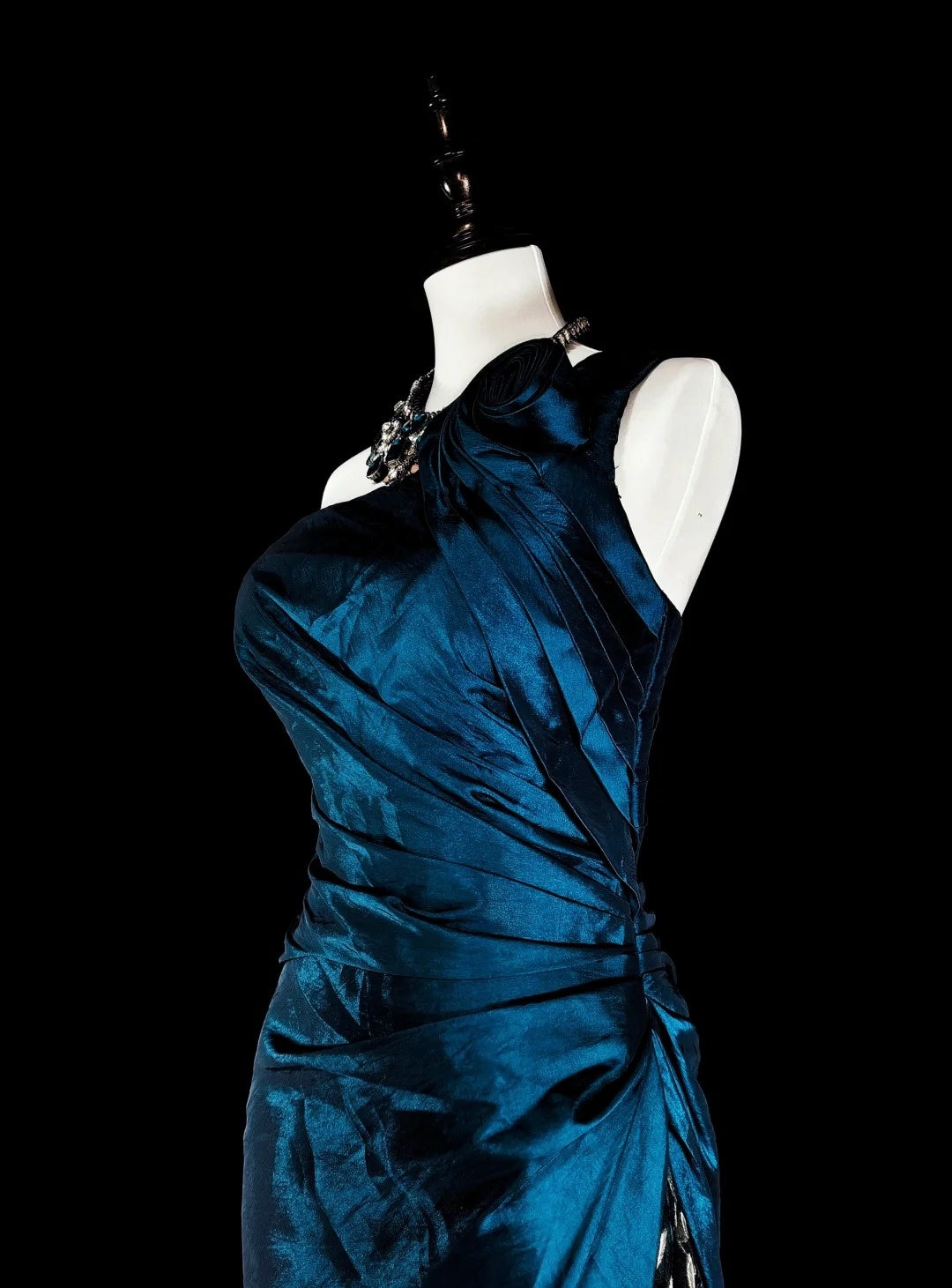 Vintage Ballkleider Meerjungfrau One Shoulder Marineblaues Satin mit Perlen Spitze Langes Partykleid N2371