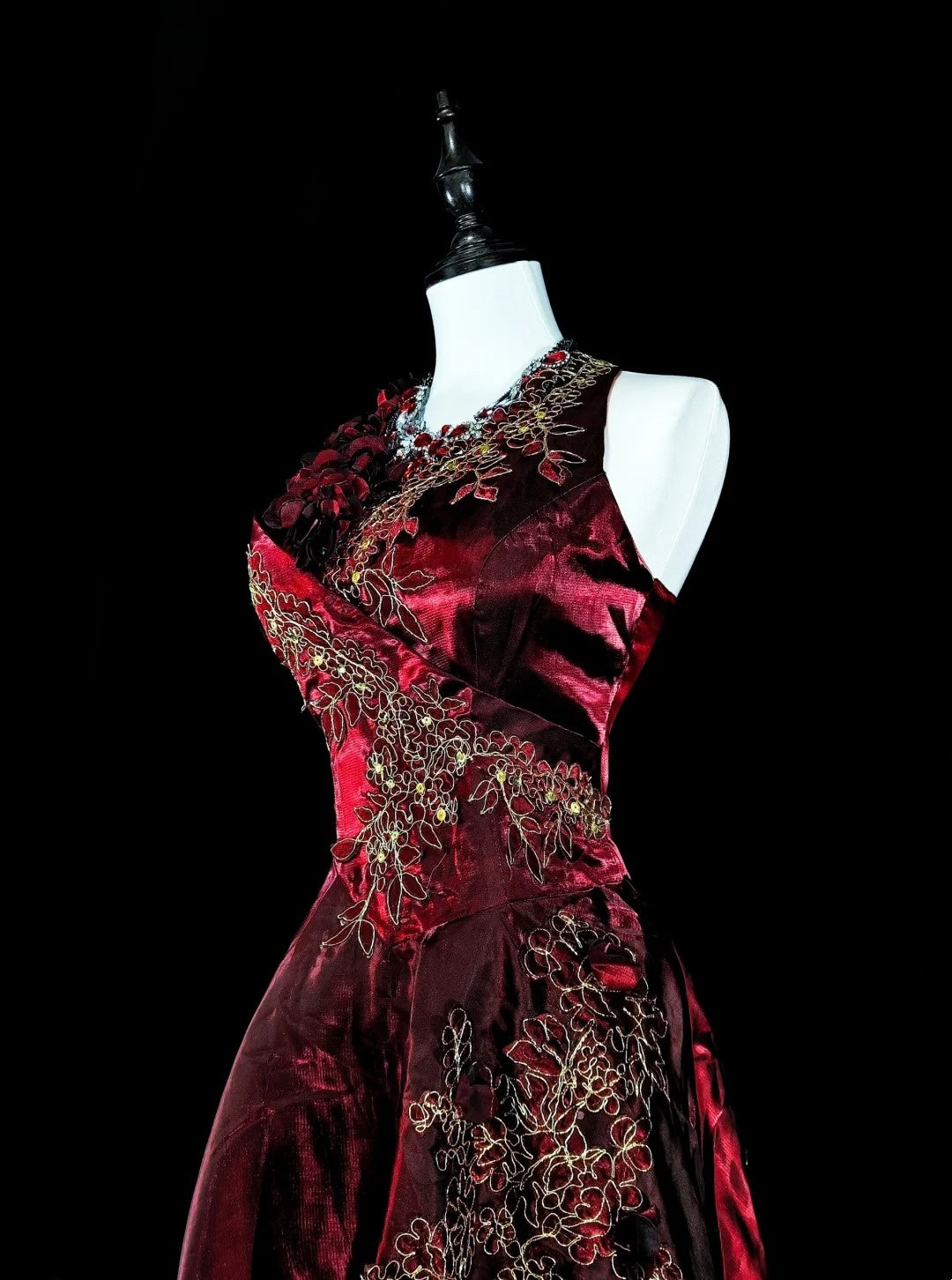 Vintage A-Linien-Abendkleid aus burgunderrotem Satin im Stil der 80er Jahre, formelles Geburtstagskleid, langes Ballkleid N1758