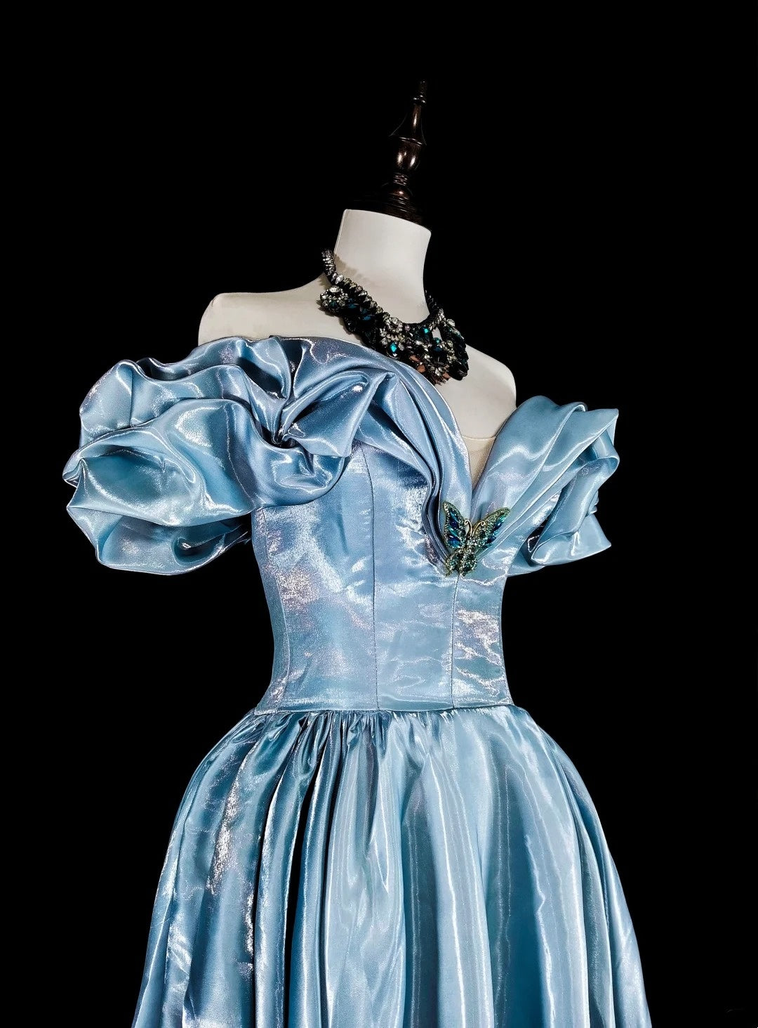 Verträumte Abschlussballkleider Ästhetik 80er Retro schulterfrei Hellblau lange formelle Outfits N2363